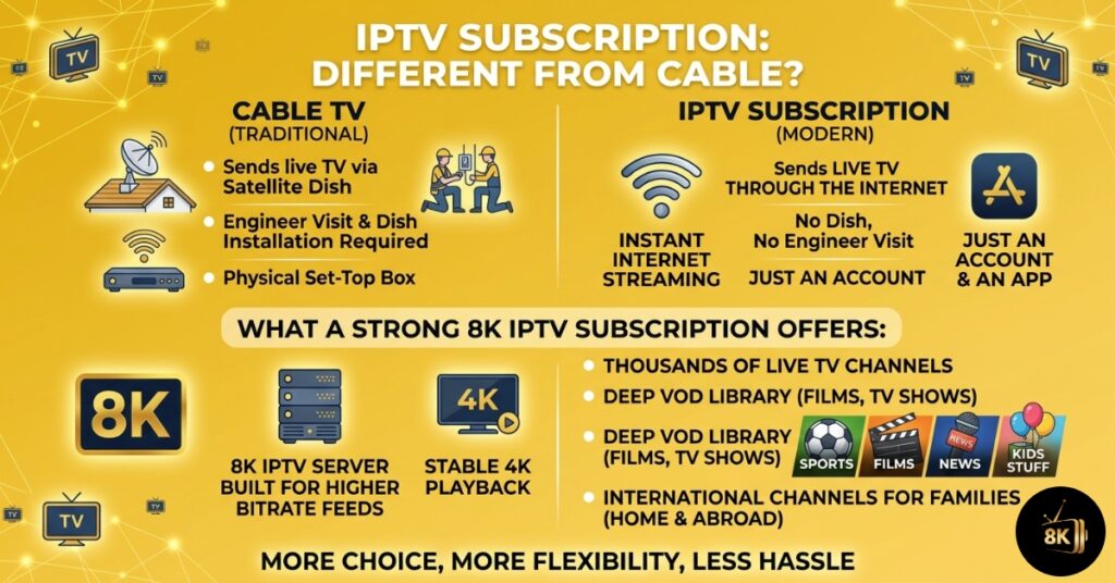 What a Strong 8K IPTV subscription gives UK households — channels, VOD, devices